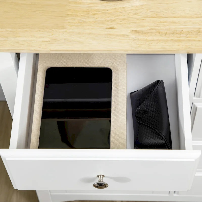 Modern Sideboard with Drawers, Buffet Cabinet with Storage Cabinets, Rubberwood Top and Adjustable Shelves, White