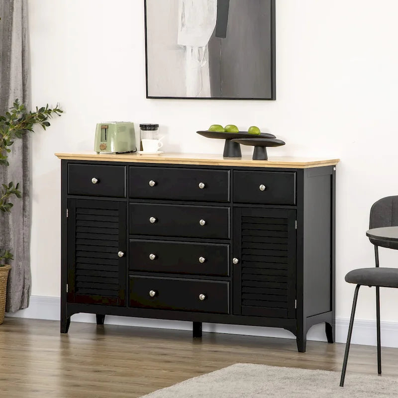Modern Sideboard with Drawers, Buffet Cabinet with Storage Cabinets, Rubberwood Top and Adjustable Shelves, White