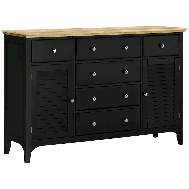 Modern Sideboard with Drawers, Buffet Cabinet with Storage Cabinets, Rubberwood Top and Adjustable Shelves, White