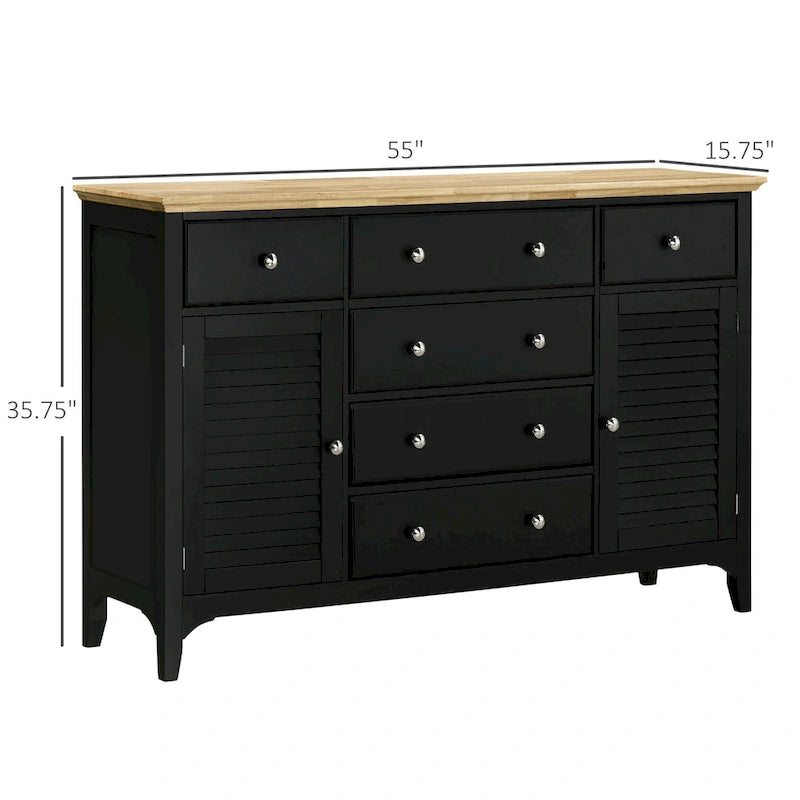 Modern Sideboard with Drawers, Buffet Cabinet with Storage Cabinets, Rubberwood Top and Adjustable Shelves, White