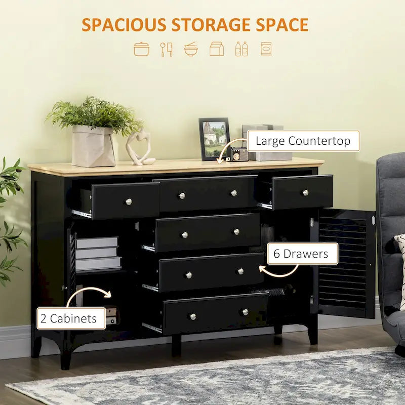 Modern Sideboard with Drawers, Buffet Cabinet with Storage Cabinets, Rubberwood Top and Adjustable Shelves, White