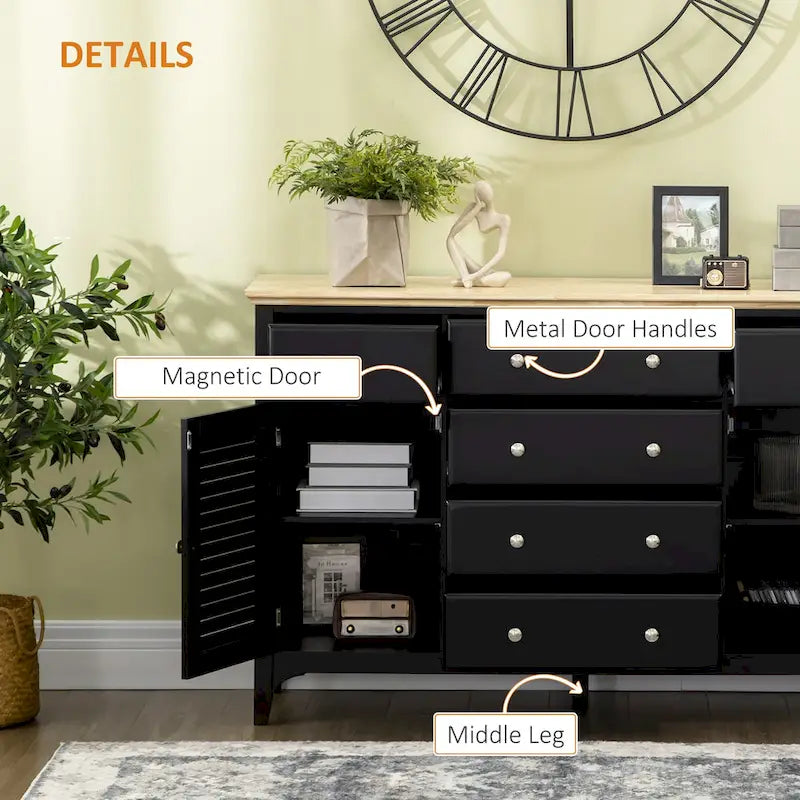 Modern Sideboard with Drawers, Buffet Cabinet with Storage Cabinets, Rubberwood Top and Adjustable Shelves, White