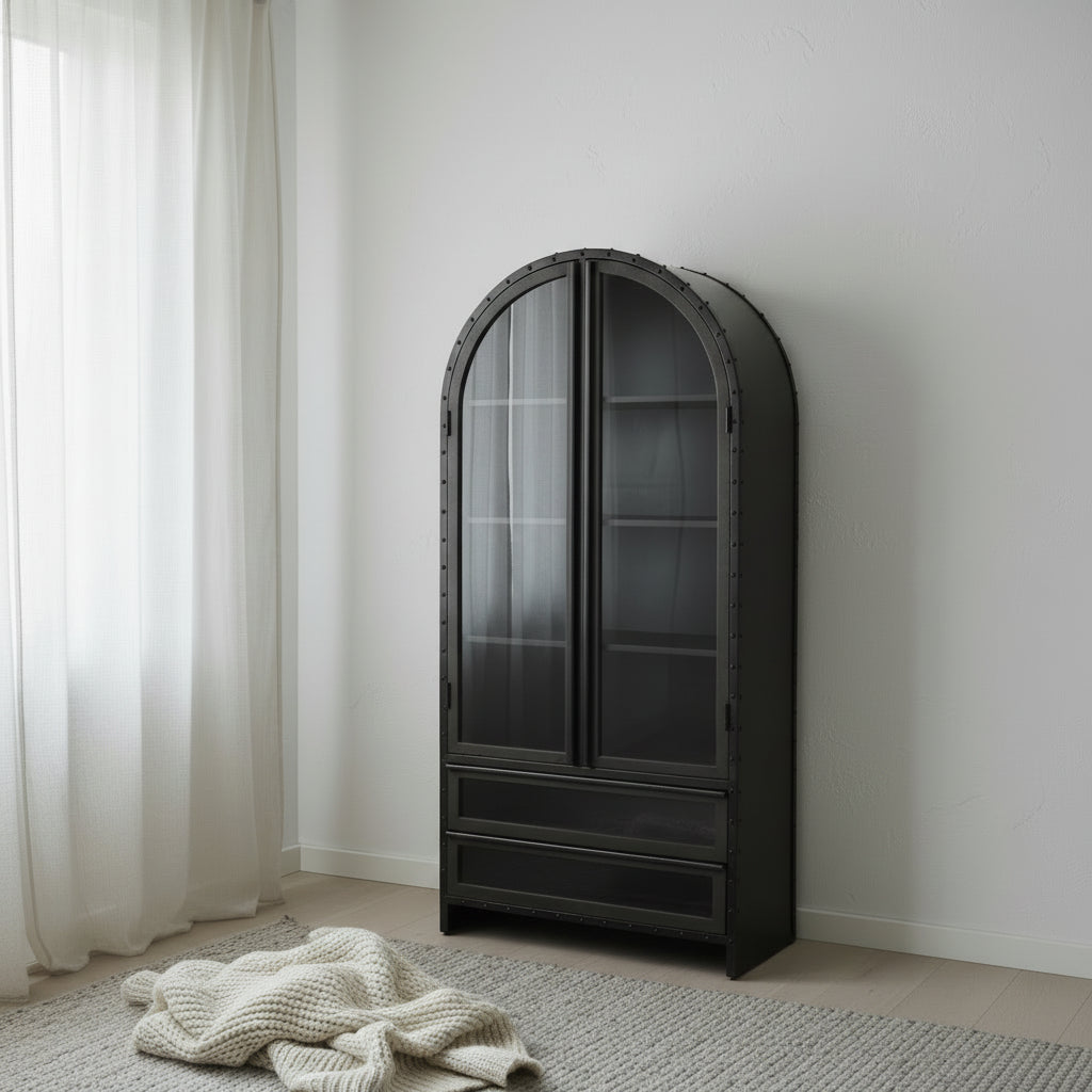 Gehry II Dark Brown Solid Wood w/ Black Iron Frame & Glass Doors / Drawers Display Cabinet