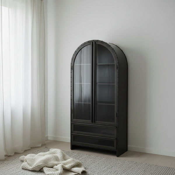 Gehry II Dark Brown Solid Wood w/ Black Iron Frame & Glass Doors / Drawers Display Cabinet