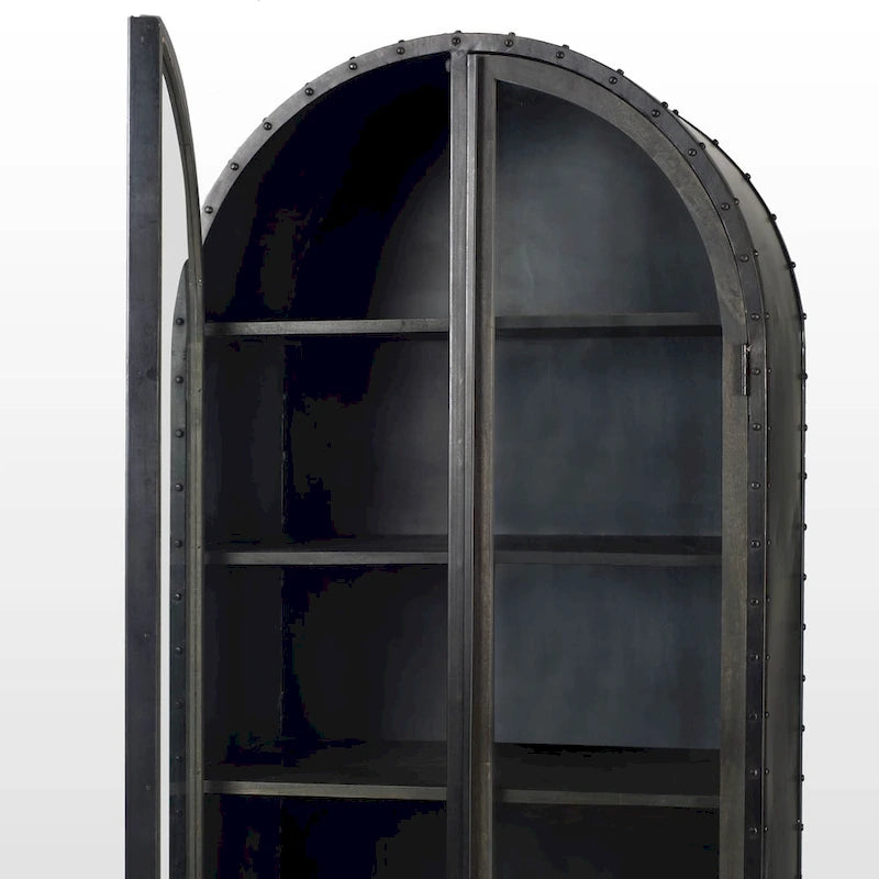 Dark wn Solid Wood w/ Black Iron Frame & Glass Doors / Drawers Display Cabinet