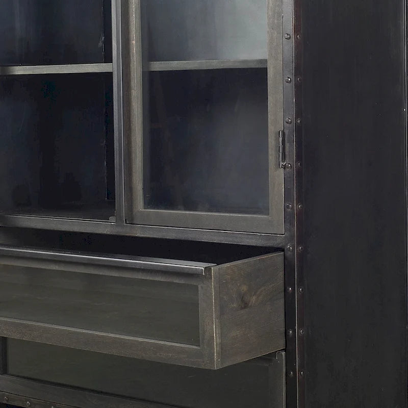 Dark wn Solid Wood w/ Black Iron Frame & Glass Doors / Drawers Display Cabinet
