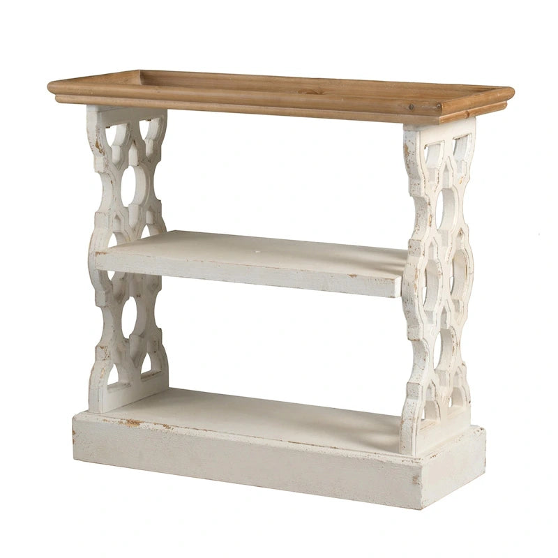 35 Inch 3 Tier Console Table, Fir Wood, Carved Panels, wn and White