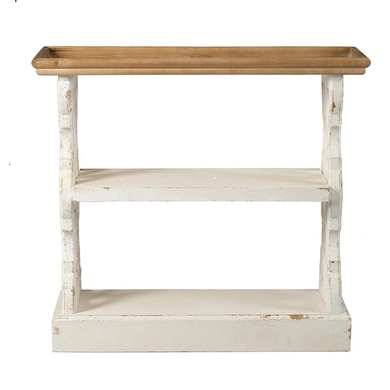 35 Inch 3 Tier Console Table, Fir Wood, Carved Panels, wn and White