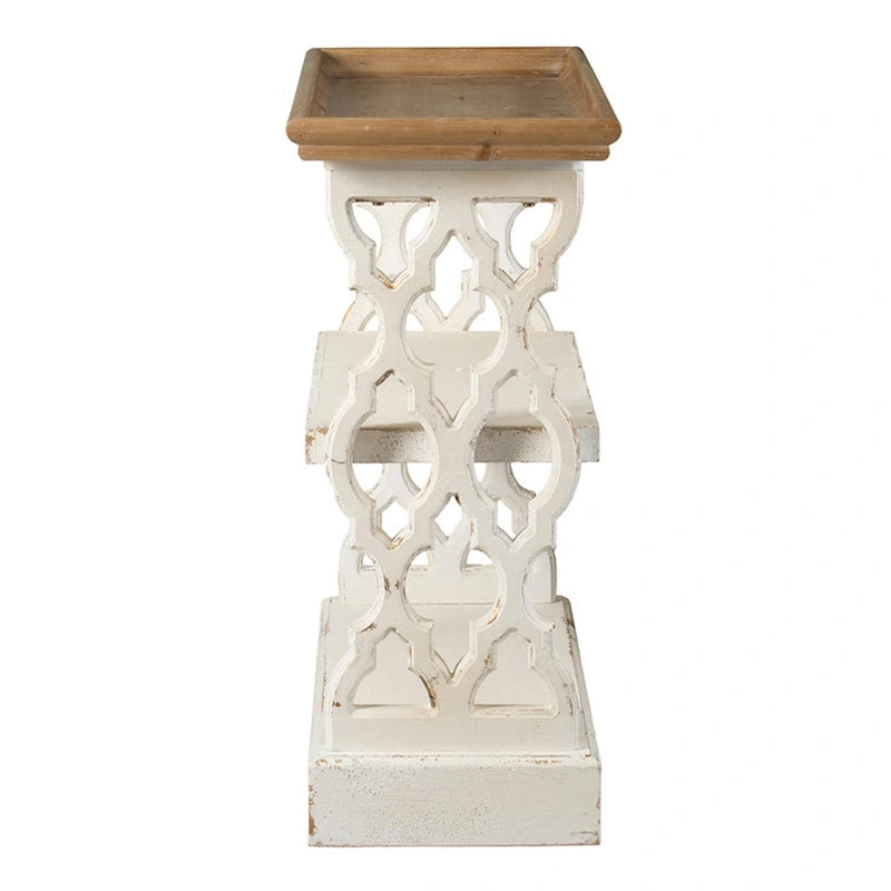 35 Inch 3 Tier Console Table, Fir Wood, Carved Panels, wn and White