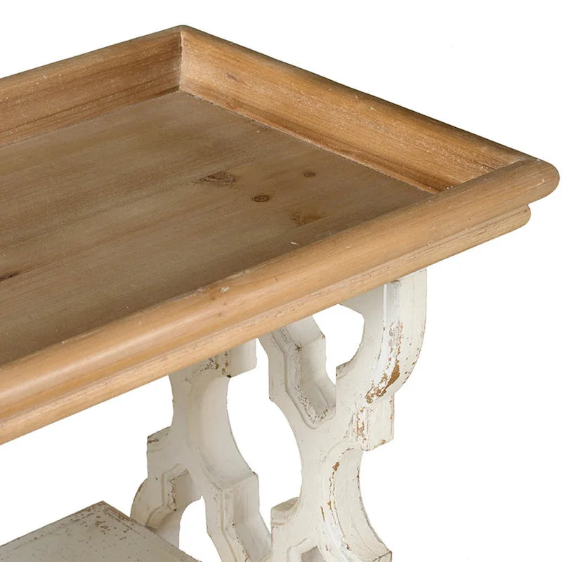 35 Inch 3 Tier Console Table, Fir Wood, Carved Panels, wn and White