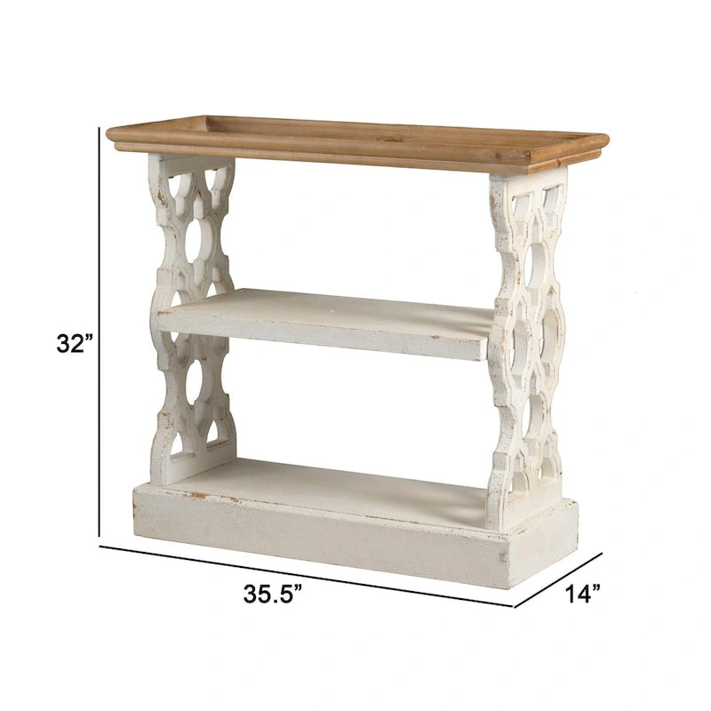 35 Inch 3 Tier Console Table, Fir Wood, Carved Panels, wn and White