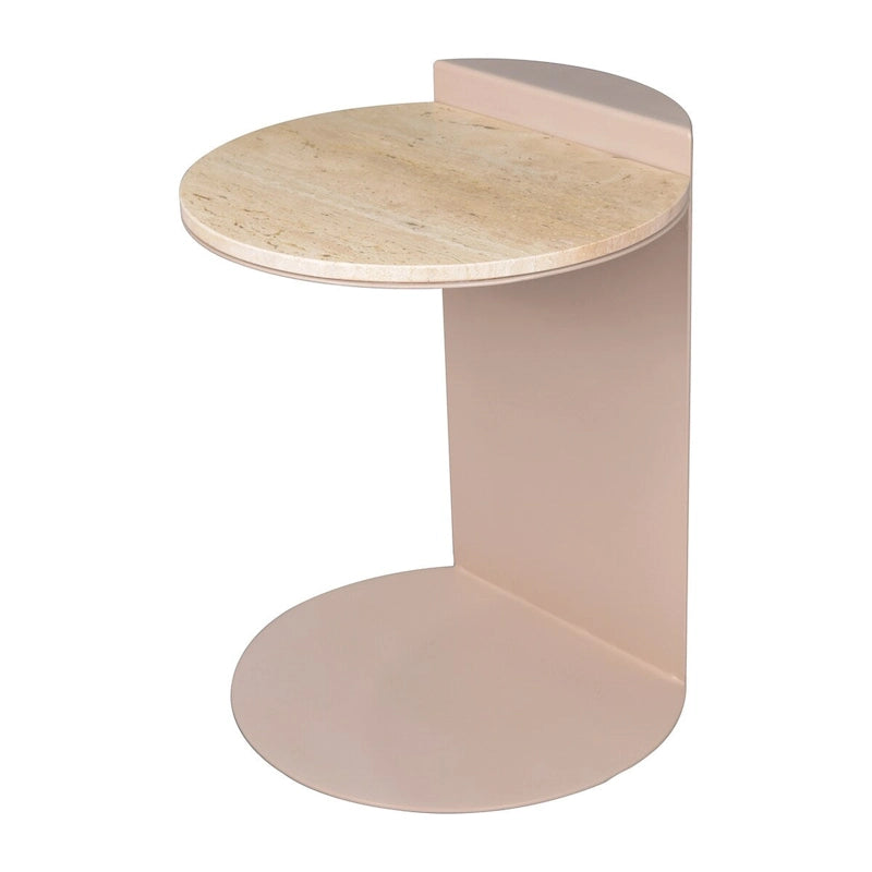 20 Contemporary Natural Marble/Metal Handmade C-Shaped End Table, Beige/Pink Beige,.