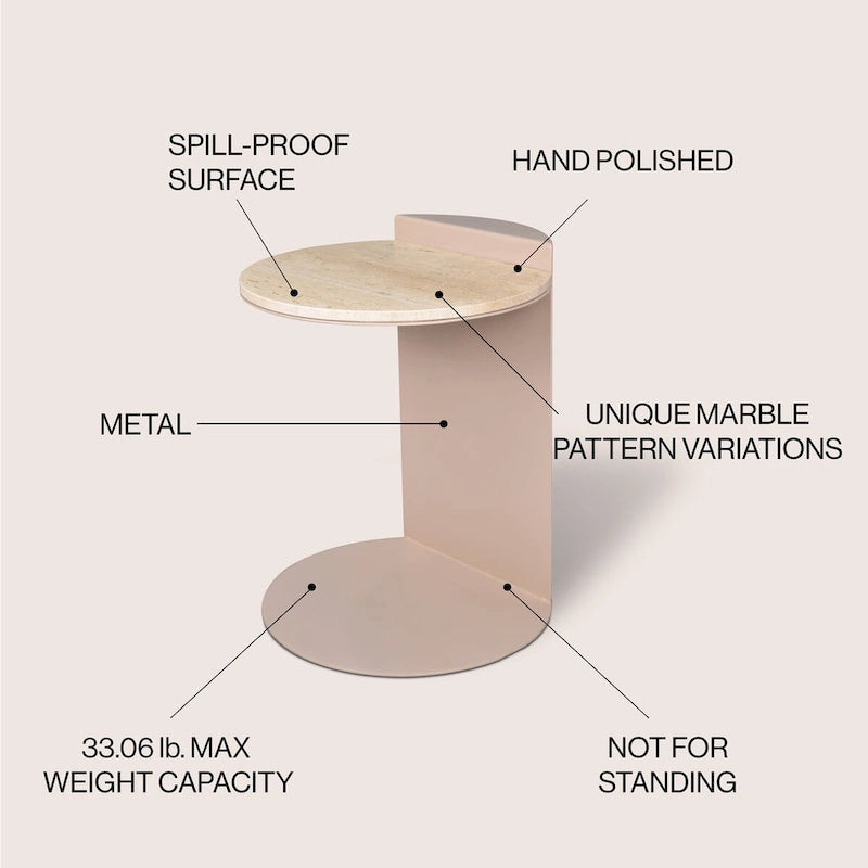 20 Contemporary Natural Marble/Metal Handmade C-Shaped End Table, Beige/Pink Beige,.