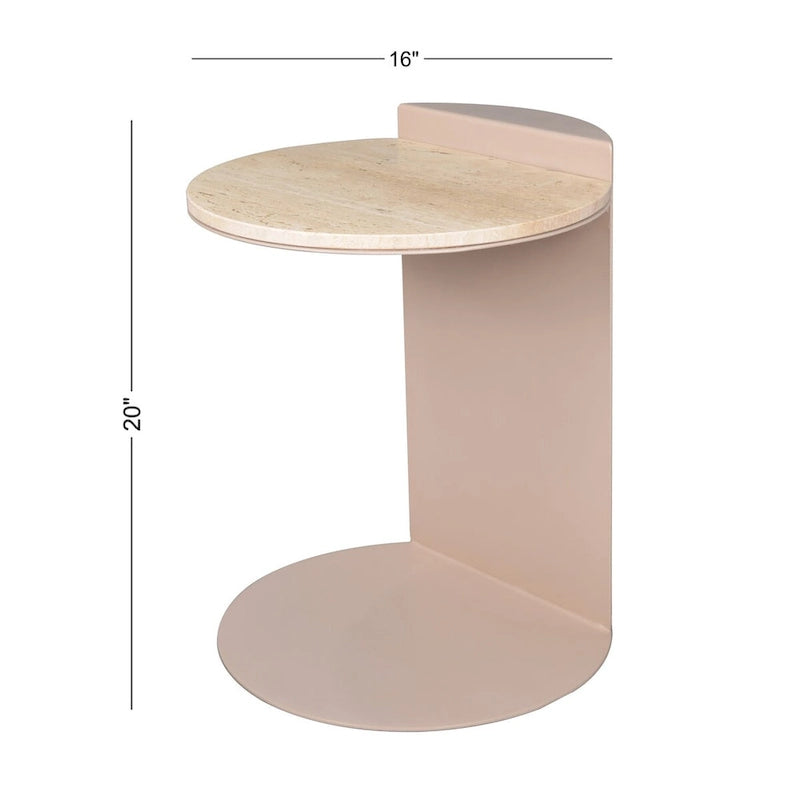20 Contemporary Natural Marble/Metal Handmade C-Shaped End Table, Beige/Pink Beige,.