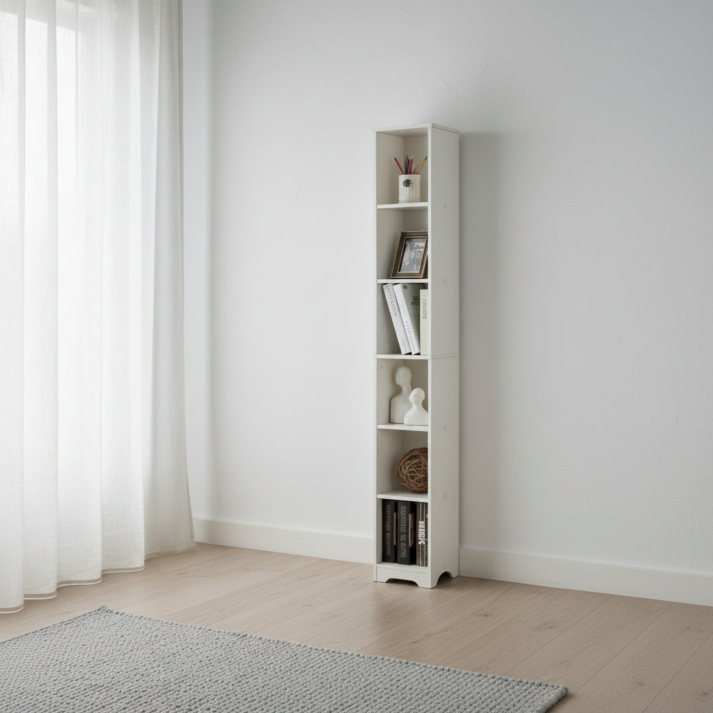 6-Tier Narrow Slim Storage Shelves Media Bookcase, White