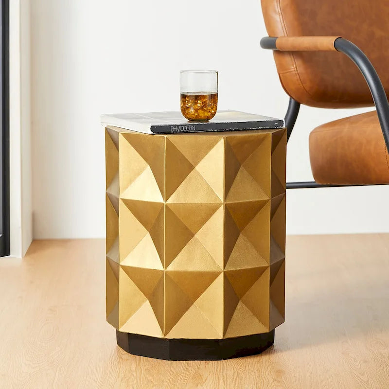 17H Antique Gold Geometric Side Table or Accent Stool - 14L x 14W x 17H