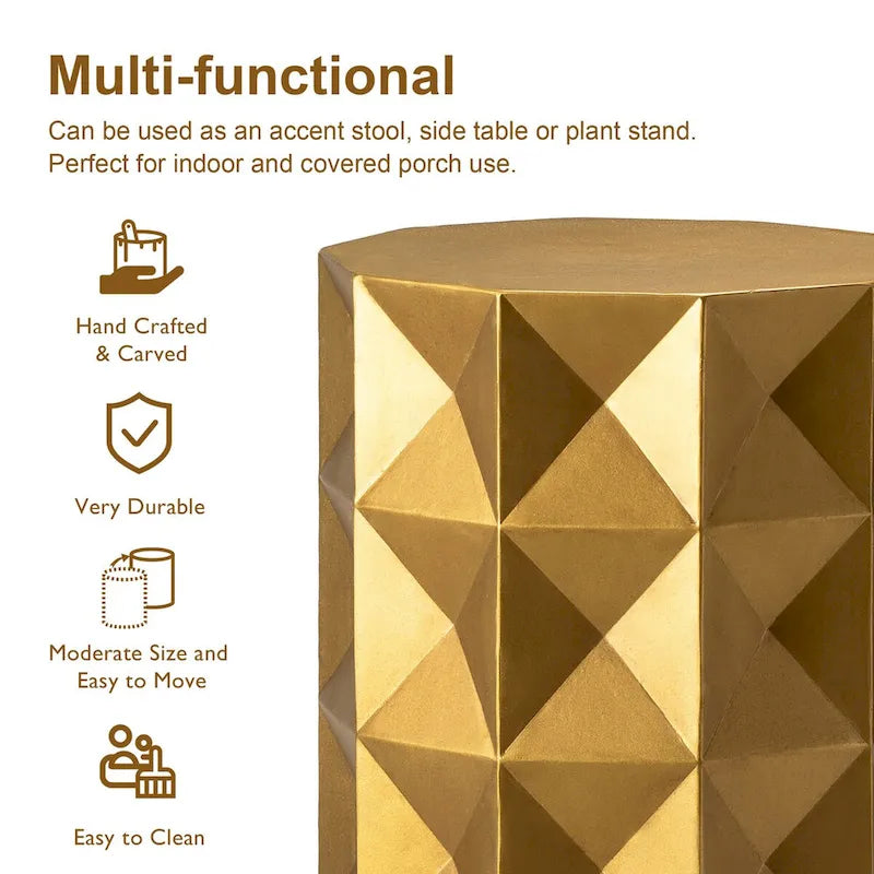 17H Antique Gold Geometric Side Table or Accent Stool - 14L x 14W x 17H